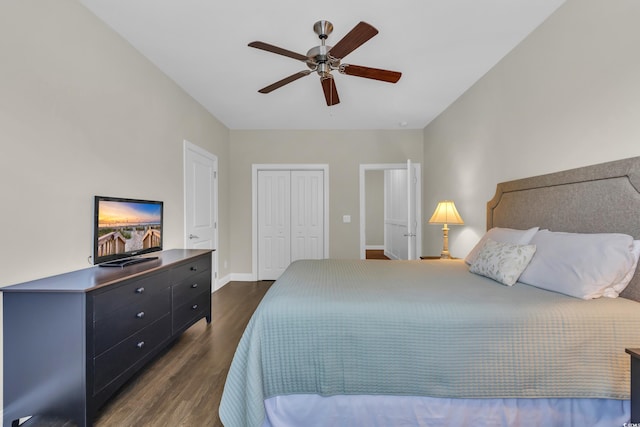 1136 Doubloon Dr, North Myrtle Beach, SC 29582 - bedroom featuring a closet, a ceiling fan, dark wood finished floors, and baseboards