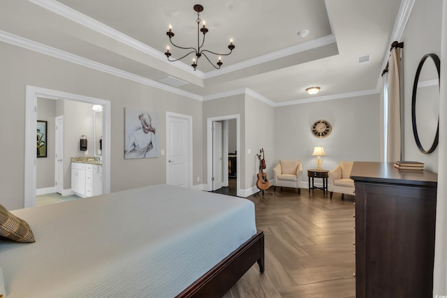1136 Doubloon Dr, North Myrtle Beach, SC 29582 - bedroom featuring visible vents, ornamental molding, a tray ceiling, and a chandelier