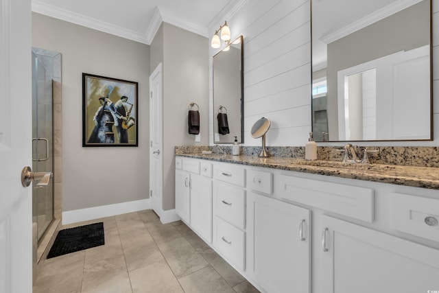 1136 Doubloon Dr, North Myrtle Beach, SC 29582 - bathroom with double vanity, a sink, a stall shower, and ornamental molding