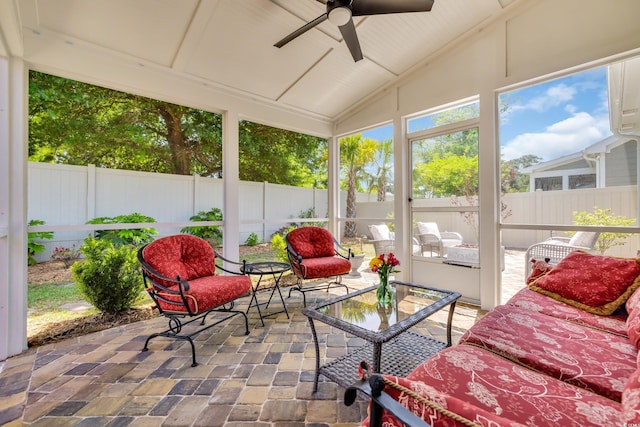 1136 Doubloon Dr, North Myrtle Beach, SC 29582 - sunroom / solarium featuring an outdoor hangout area and ceiling fan