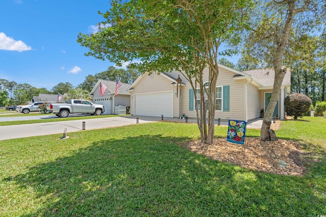 view of front of house with driveway, a front yard, and a garage