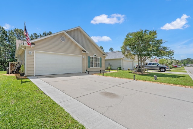 ranch-style house with concrete driveway, a front yard, and a garage