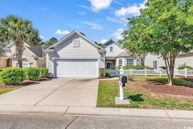 traditional-style home featuring a garage, fence, and concrete driveway