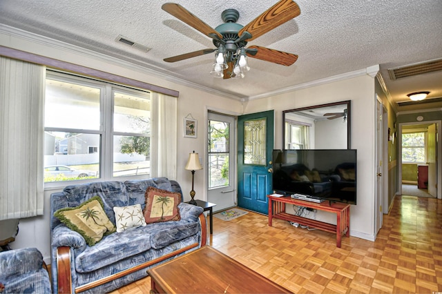 living area featuring a ceiling fan, crown molding, and a textured ceiling