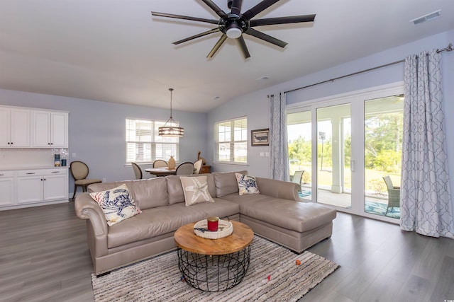 428 Calhoun Falls Dr, Myrtle Beach, SC 29579 - living area with wood finished floors, lofted ceiling, ceiling fan, and a chandelier