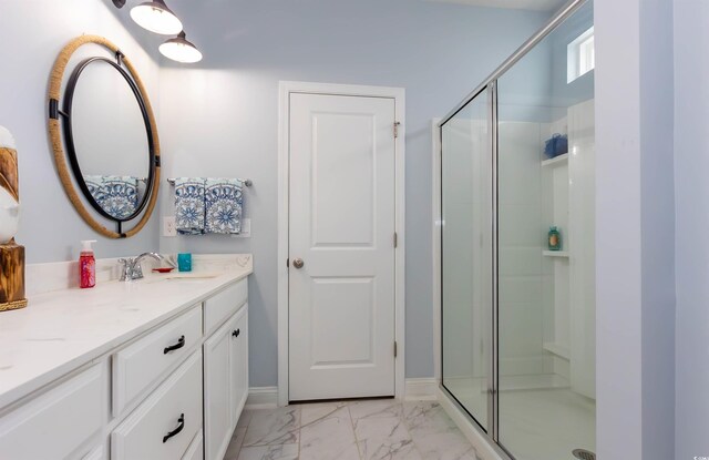 428 Calhoun Falls Dr, Myrtle Beach, SC 29579 - bathroom with a stall shower, marble look tile flooring, vanity, and baseboards