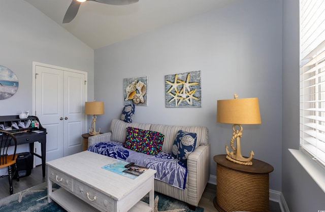 428 Calhoun Falls Dr, Myrtle Beach, SC 29579 - living area featuring wood finished floors, vaulted ceiling, ceiling fan, and plenty of natural light