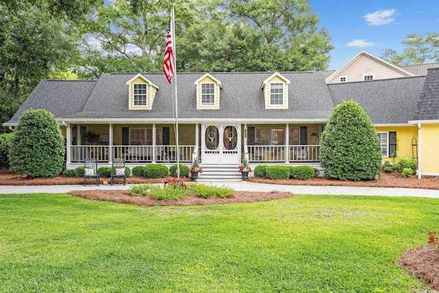 cape cod home featuring a front yard, a shingled roof, and covered porch