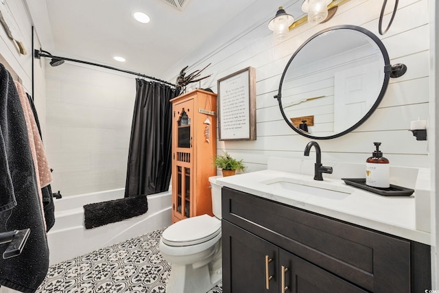 bathroom with toilet, shower / bath combo, tile patterned floors, vanity, and recessed lighting