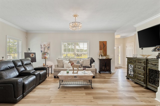 living area featuring a textured ceiling, an inviting chandelier, a healthy amount of sunlight, and light wood-type flooring