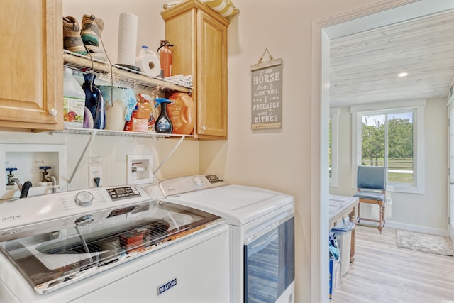 laundry room featuring light wood-type flooring, cabinet space, baseboards, recessed lighting, and washer and dryer