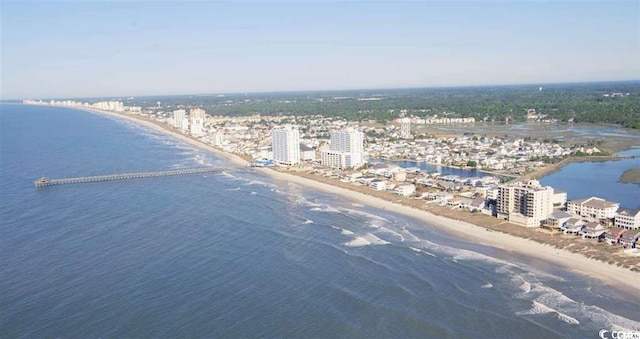 bird's eye view featuring a water view and a view of the beach