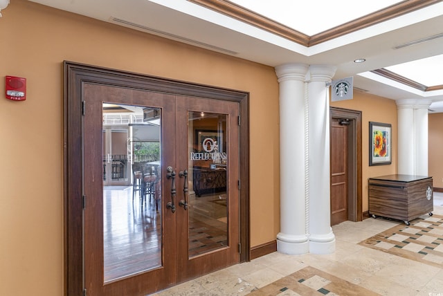 8121 Amalfi Pl Unit 4-801, Myrtle Beach, SC 29572 - corridor with ornate columns, a raised ceiling, french doors, and crown molding