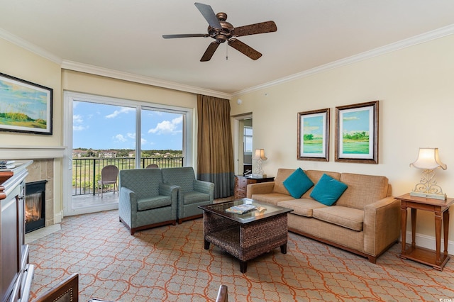 8121 Amalfi Pl Unit 4-801, Myrtle Beach, SC 29572 - living area with ornamental molding, a ceiling fan, and a fireplace