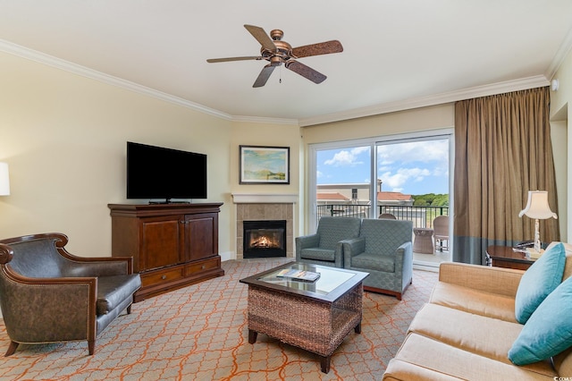 8121 Amalfi Pl Unit 4-801, Myrtle Beach, SC 29572 - living room with crown molding, a ceiling fan, a tiled fireplace, and carpet flooring
