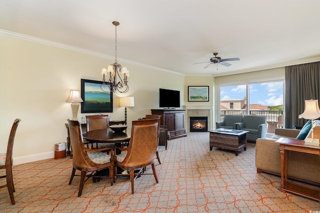 8121 Amalfi Pl Unit 4-801, Myrtle Beach, SC 29572 - dining room with light carpet, crown molding, a glass covered fireplace, a ceiling fan, and a chandelier