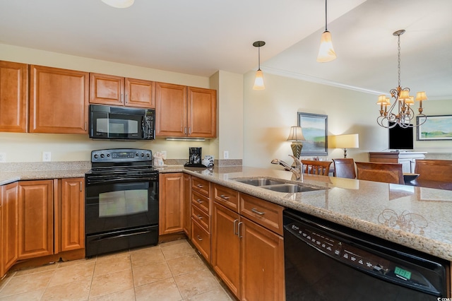 8121 Amalfi Pl Unit 4-801, Myrtle Beach, SC 29572 - kitchen with black appliances, light stone countertops, brown cabinets, and ornamental molding
