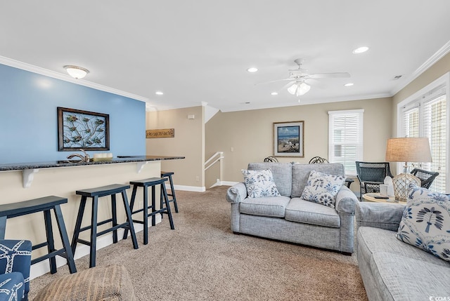 209 Hillside Dr N Unit 104, North Myrtle Beach, SC 29582 - living room with light colored carpet, ornamental molding, recessed lighting, a ceiling fan, and baseboards