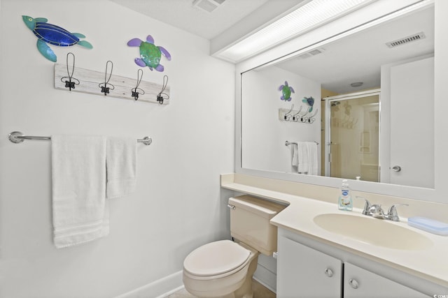 full bath featuring vanity, a shower stall, toilet, and visible vents
