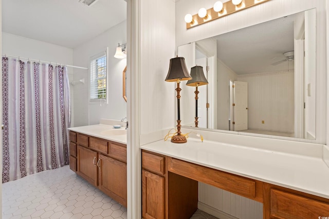 88 Purple Martin Dr, Murrells Inlet, SC 29576 - bathroom featuring vanity, curtained shower, tile patterned flooring, and ceiling fan