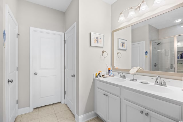 1048 Longwood Bluffs Cir, Murrells Inlet, SC 29576 - bathroom with baseboards, a stall shower, tile patterned flooring, and double vanity