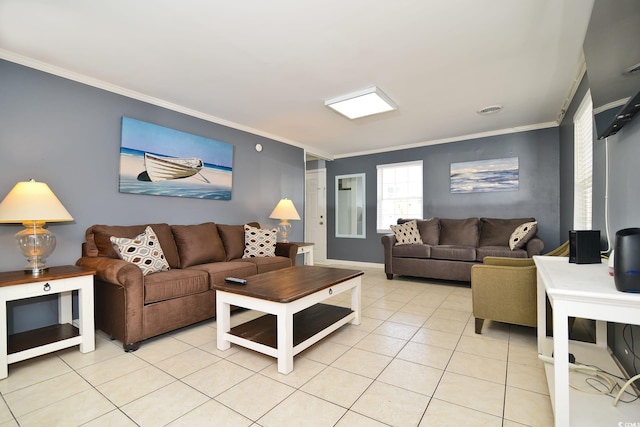 living area with light tile patterned floors, ornamental molding, and baseboards