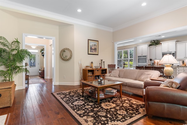 2089 Suncrest Dr, Myrtle Beach, SC 29577 - living room with crown molding, recessed lighting, baseboards, and dark wood-type flooring
