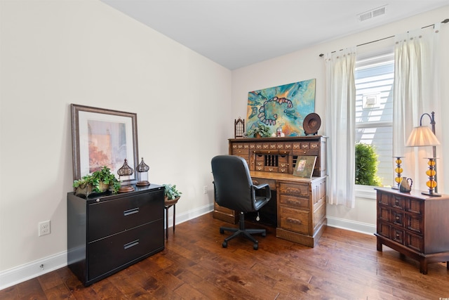 2089 Suncrest Dr, Myrtle Beach, SC 29577 - office area with visible vents, baseboards, and dark wood finished floors