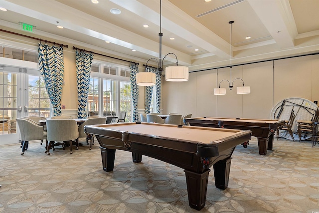 2089 Suncrest Dr, Myrtle Beach, SC 29577 - rec room featuring crown molding, recessed lighting, pool table, and a decorative wall