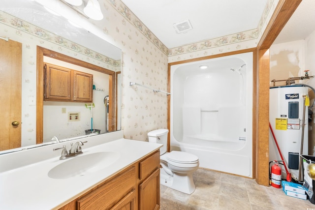 full bath with toilet, wallpapered walls, water heater, visible vents, and vanity