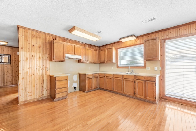 kitchen with a sink, wood walls, brown cabinets, light wood-type flooring, and under cabinet range hood