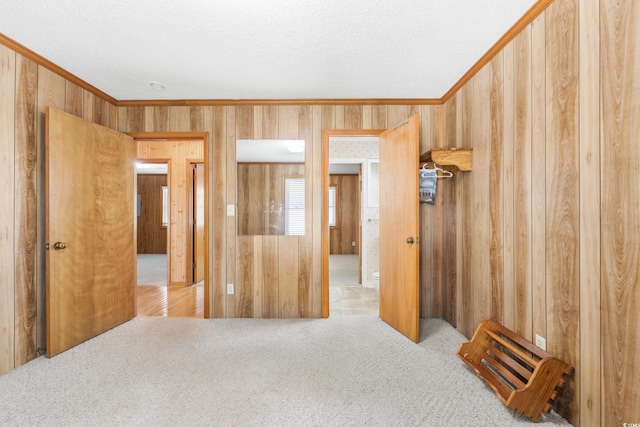 unfurnished bedroom featuring crown molding, wood walls, and carpet