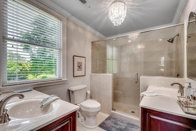 402 E Broad St, Hemingway, SC 29554 - full bathroom with vanity, a stall shower, crown molding, toilet, and a chandelier