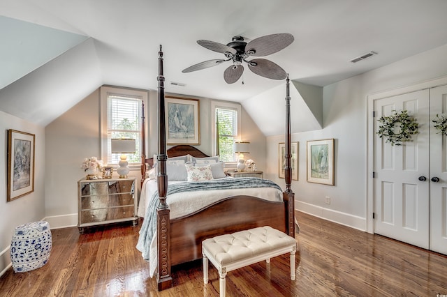 402 E Broad St, Hemingway, SC 29554 - bedroom with baseboards, vaulted ceiling, wood finished floors, and a ceiling fan