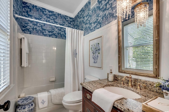 402 E Broad St, Hemingway, SC 29554 - full bath with wallpapered walls, toilet, a chandelier, vanity, and shower / bath combination with curtain