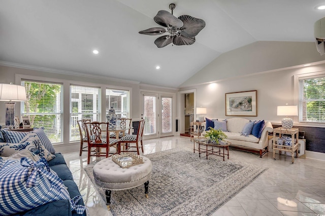 402 E Broad St, Hemingway, SC 29554 - living area featuring vaulted ceiling, ornamental molding, a ceiling fan, baseboards, and recessed lighting