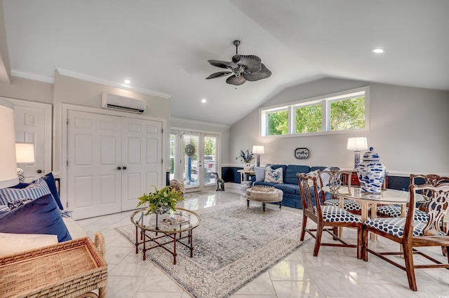 402 E Broad St, Hemingway, SC 29554 - living room with a wall mounted air conditioner, lofted ceiling, a ceiling fan, crown molding, and recessed lighting