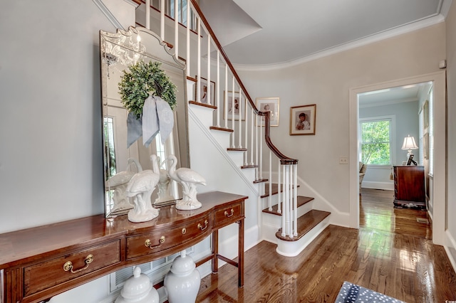 402 E Broad St, Hemingway, SC 29554 - entrance foyer with ornamental molding, wood finished floors, stairs, and baseboards