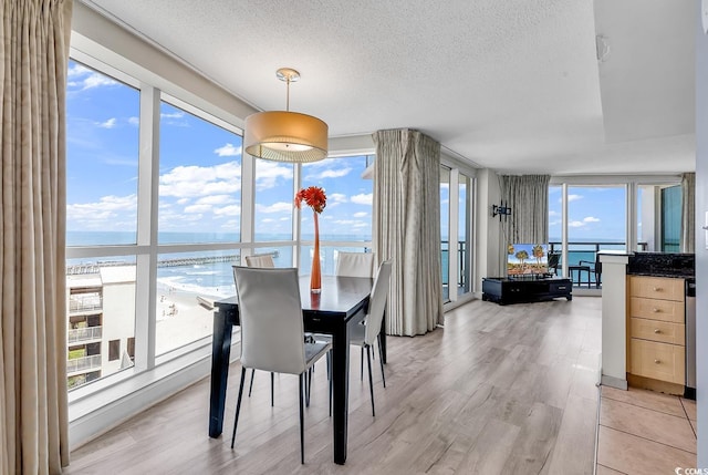 107 S Ocean Blvd Unit 1001, Myrtle Beach, SC 29577 - dining space with a textured ceiling, a water view, and light wood-style flooring