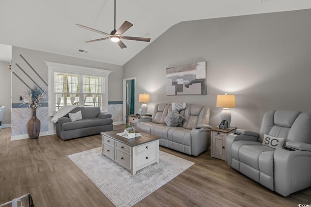 804 Twickenham Loop, Longs, SC 29568 - living area with a ceiling fan, high vaulted ceiling, visible vents, and wood finished floors