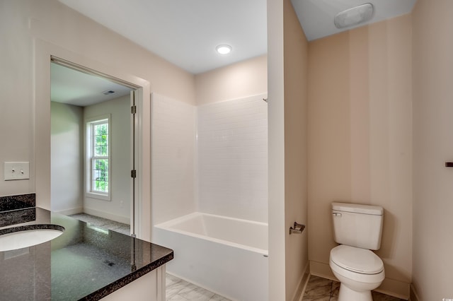 full bathroom featuring vanity, toilet, baseboards, and marble finish floor