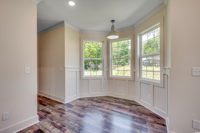 unfurnished dining area with plenty of natural light, a decorative wall, wainscoting, and wood finished floors