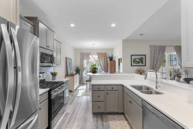 kitchen featuring a sink, a wealth of natural light, gray cabinetry, appliances with stainless steel finishes, and a chandelier