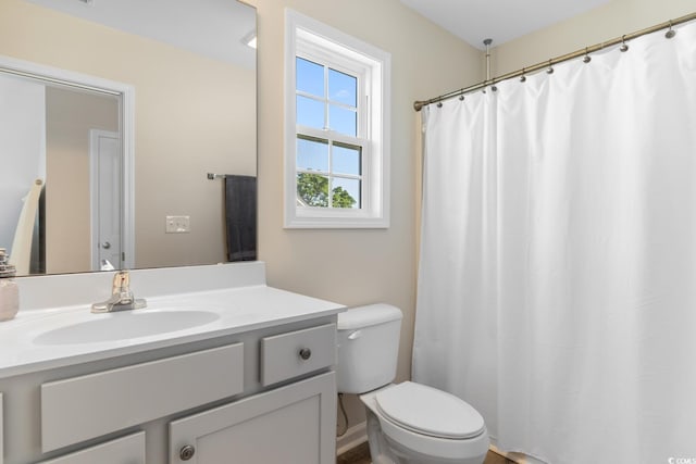 bathroom featuring toilet, vanity, and curtained shower