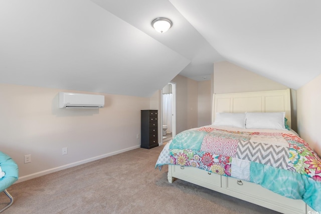 bedroom featuring light carpet, a wall mounted air conditioner, lofted ceiling, and baseboards