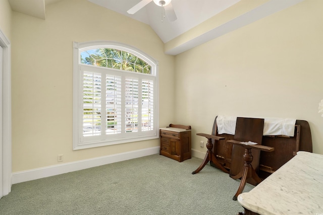 220 Waterfall Cir, Little River, SC 29566 - home office featuring baseboards, ceiling fan, carpet, and vaulted ceiling