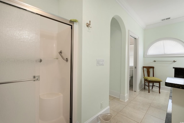 220 Waterfall Cir, Little River, SC 29566 - full bath with toilet, ornamental molding, visible vents, a shower stall, and tile patterned flooring