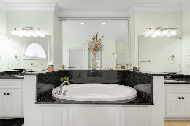 220 Waterfall Cir, Little River, SC 29566 - bathroom with a sink, crown molding, two vanities, and a bath