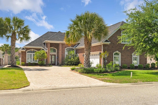 220 Waterfall Cir, Little River, SC 29566 - view of front of home with a shingled roof, brick siding, a front lawn, and decorative driveway