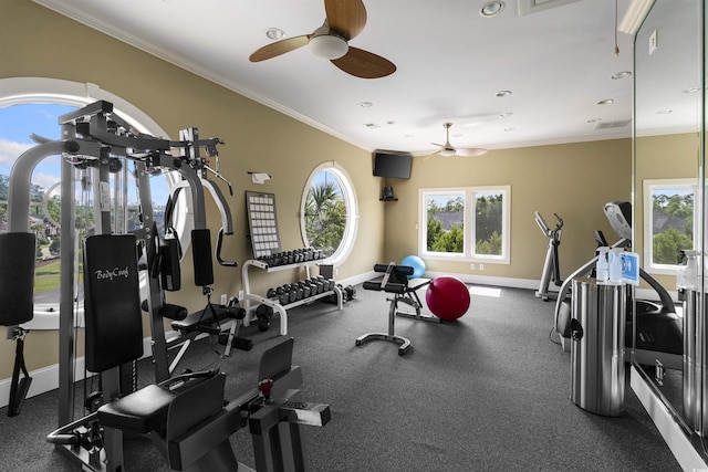220 Waterfall Cir, Little River, SC 29566 - workout area with a ceiling fan, recessed lighting, baseboards, and ornamental molding